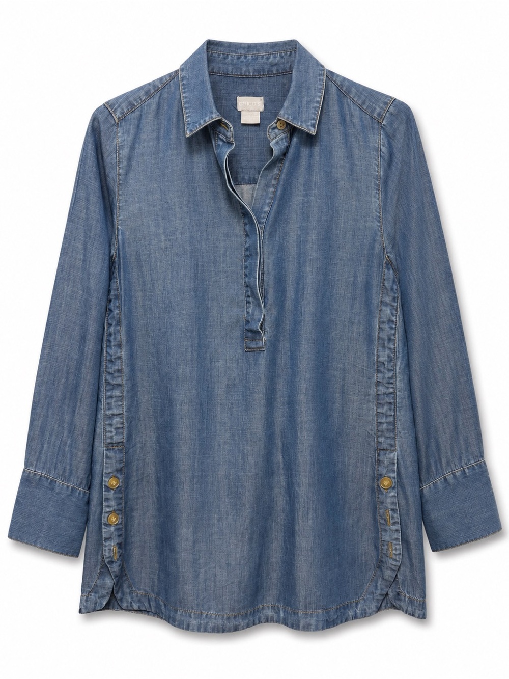 Chico’s Chambray Denim Side Button Tunic Pullover Shirt Size 0